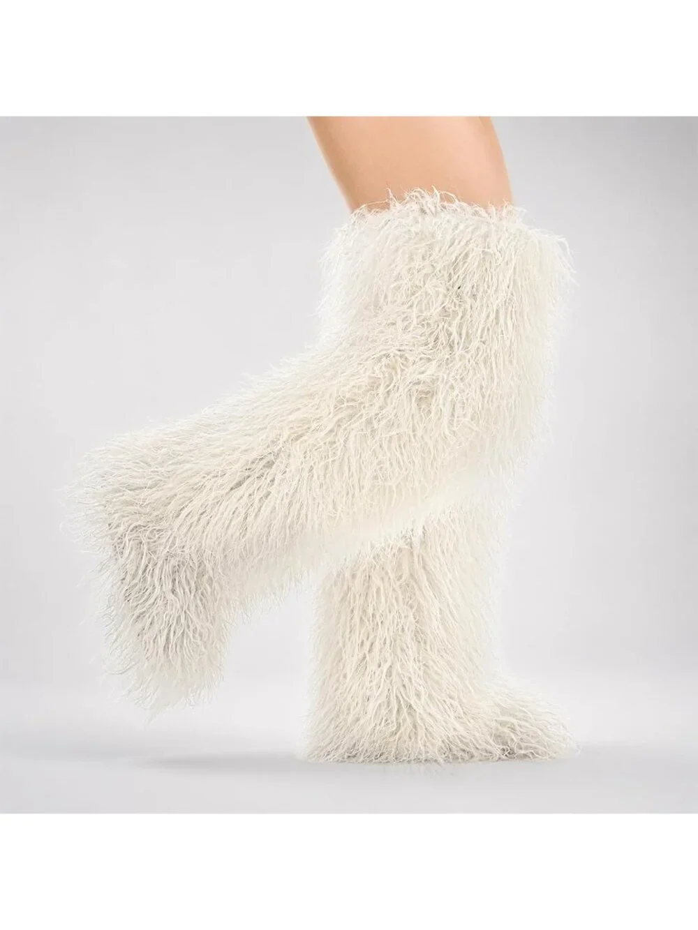 Women's Beige Faux Fur Flat Stretch Over The Knee Furry Thigh High Boots